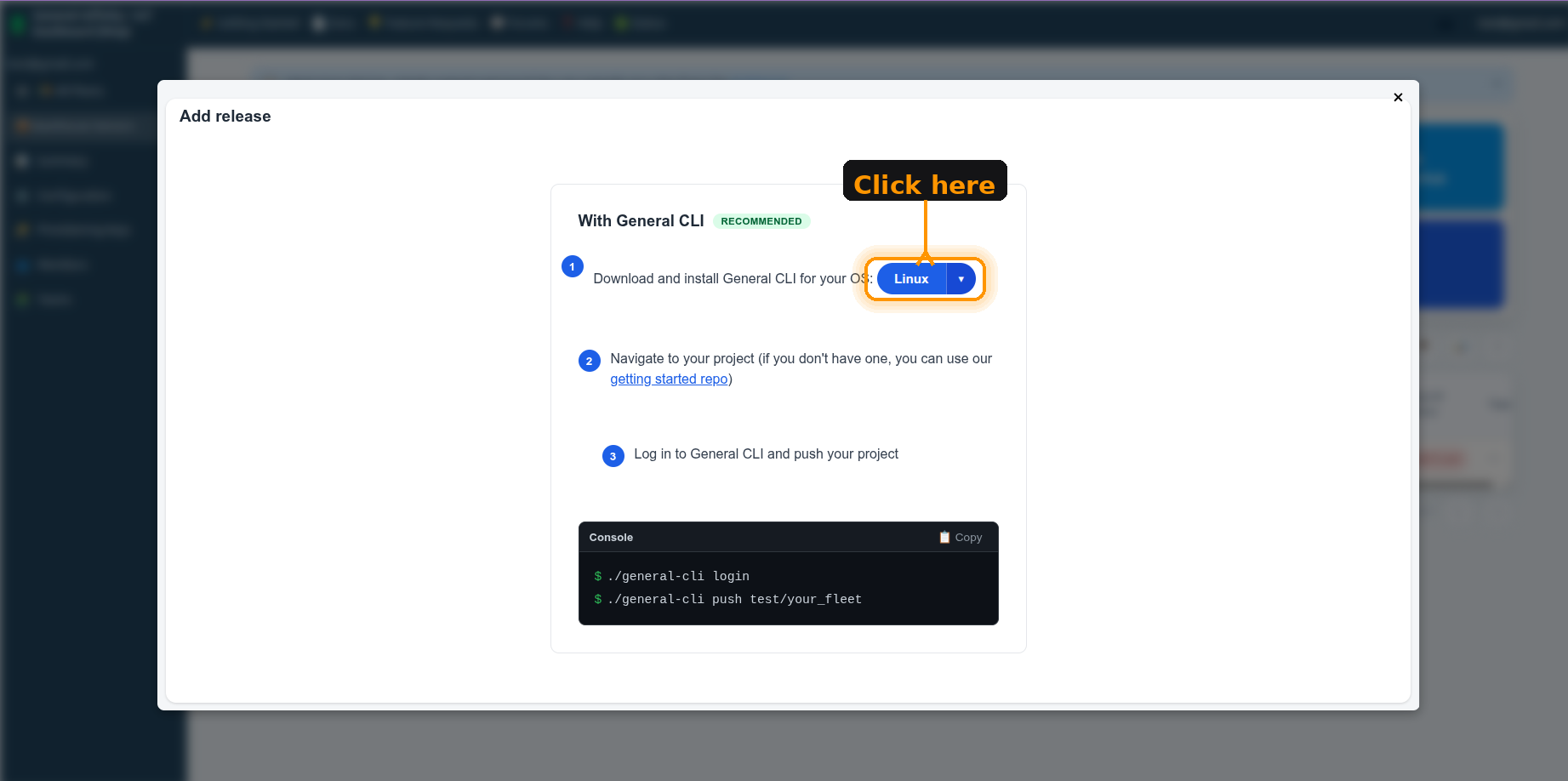 The Add Release dialog with the Linux download button highlighted.